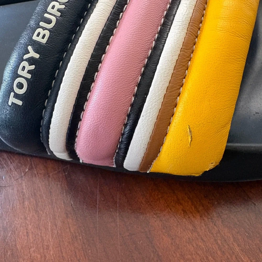 Tory Burch Slides Sandals 9 Striped Rainbow Padded Leather Sporty Slip On Womens